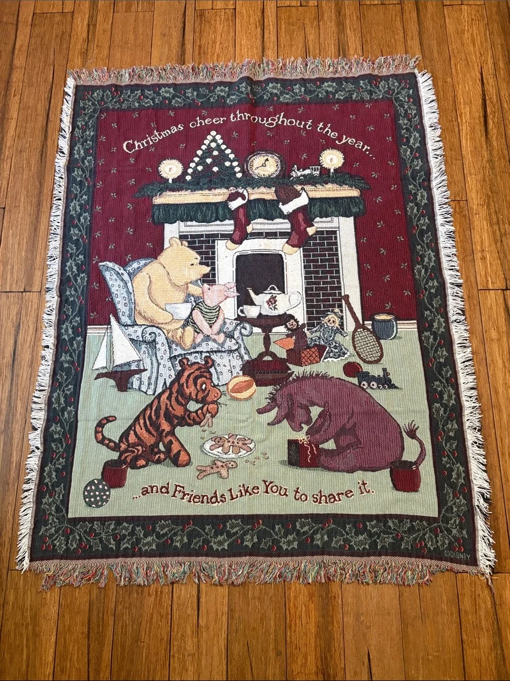 Disney Classic Pooh Christmas Fringed Throw Tapestry Blanket Goodwin Weavers